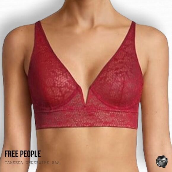 FREE PEOPLE TAMEEKA LONGLINE UNDERWIRE BRA IN BERRY ELECTRIC SHEER LACE RED - Picture 4 of 8